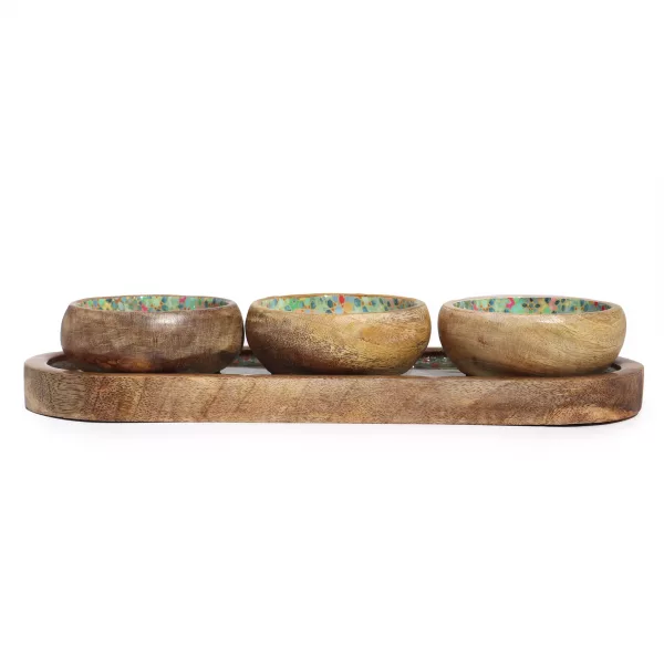 Mango Wood Tray with 3 Bowls - Mediterranean Tile pattern - Image 4