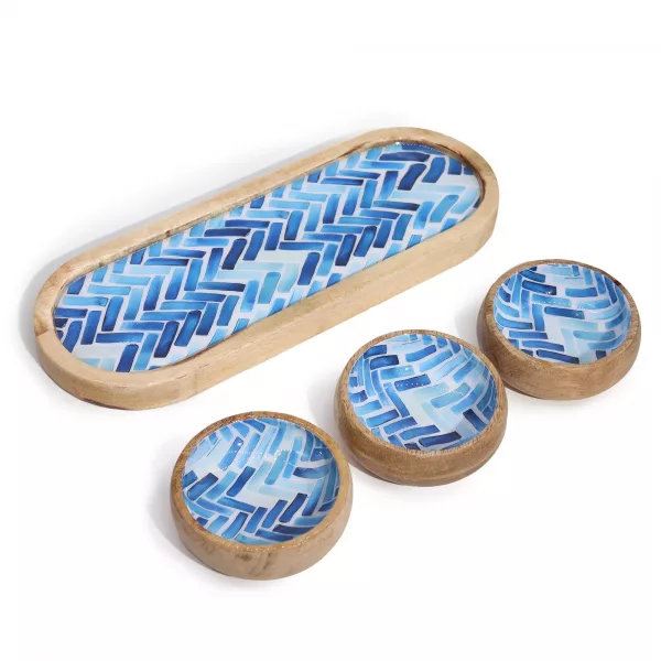 Mango Wood Tray with 3 Bowls - Blue Stripes - Image 2