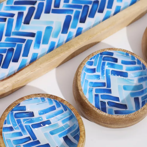 Mango Wood Tray with 3 Bowls - Blue Stripes - Image 3