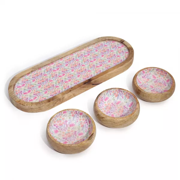 Mango Wood Tray with 3 Bowls - Pretty Floral - Image 2