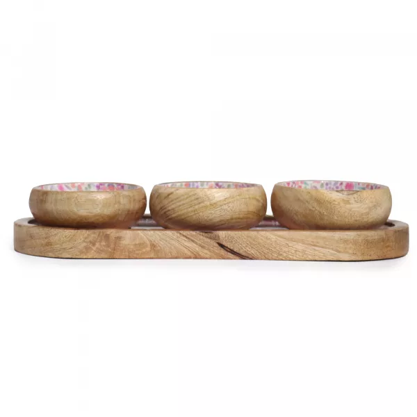 Mango Wood Tray with 3 Bowls - Pretty Floral - Image 4