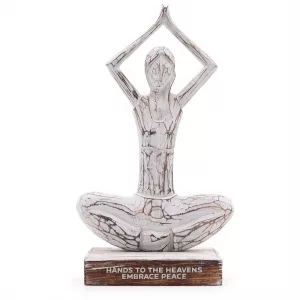 Wooden Yoga Lady - Whitewash - Hands Up Pose - \"Hands to the Heavens Embrace Peace\"