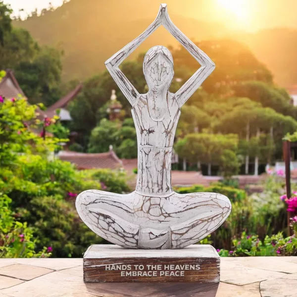 Wooden Yoga Lady - Whitewash - Hands Up Pose - \"Hands to the Heavens Embrace Peace\" - Image 3