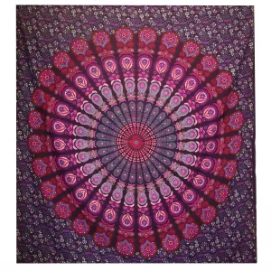 Double Cotton Bedspread + Wall Hanging - Peacock Mandala - Purple