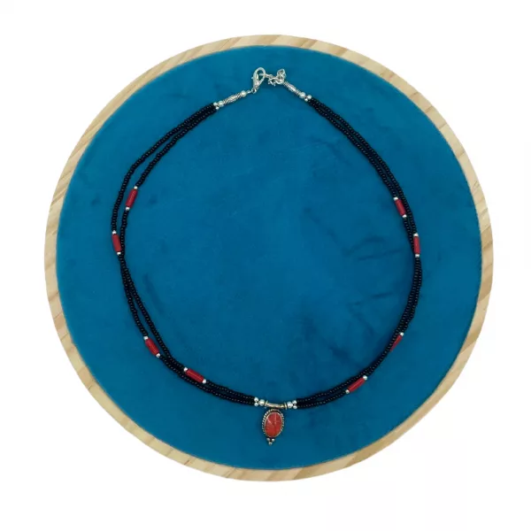 Nepalese Extra Fine Two Line Necklace - Black & Coral Pendant - Image 2