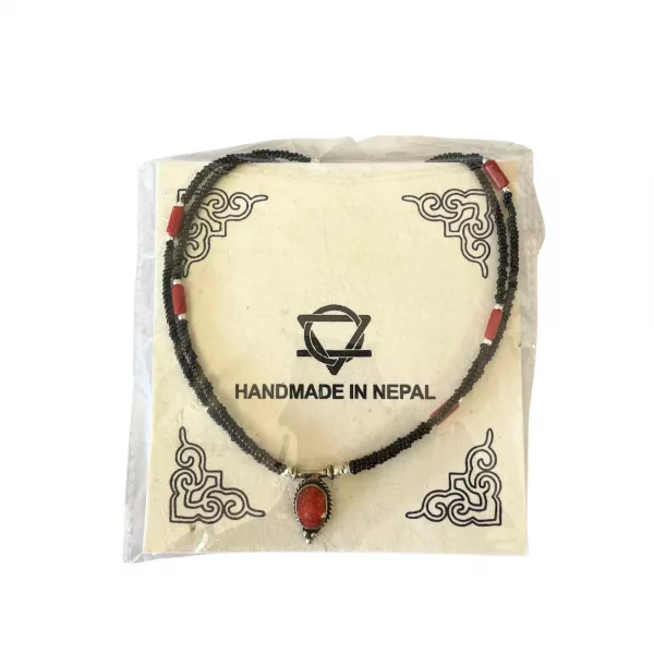 Nepalese Extra Fine Two Line Necklace - Black & Coral Pendant - Image 3