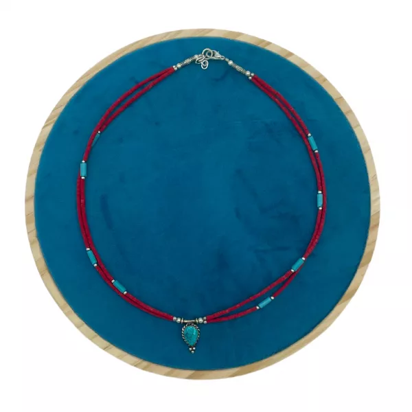 Nepalese Extra Fine Two Line Necklace - Pink & Turquoise Pendant - Image 2