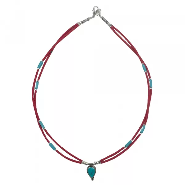 Nepalese Extra Fine Two Line Necklace - Pink & Turquoise Pendant