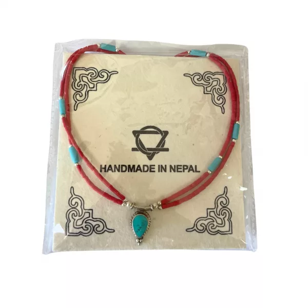Nepalese Extra Fine Two Line Necklace - Pink & Turquoise Pendant - Image 3