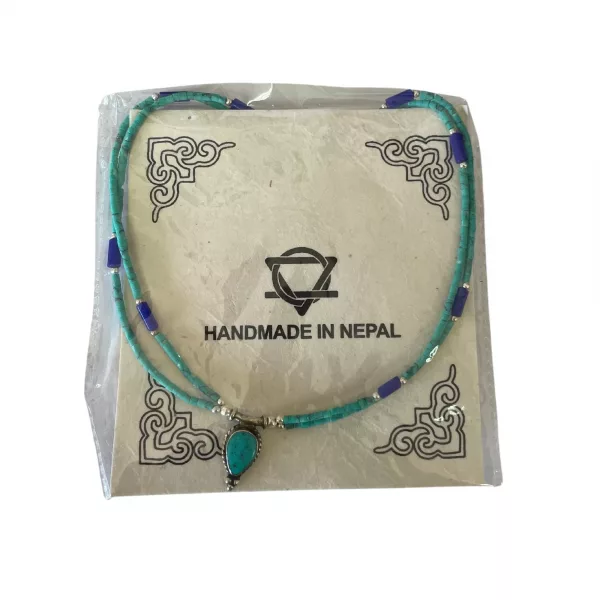 Nepalese Extra Fine Two Line Necklace - Lapis & Malachite Pendant - Image 3