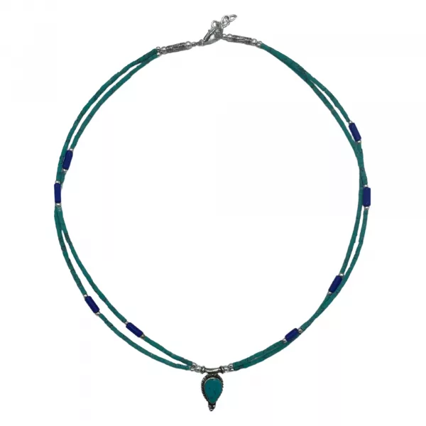 Nepalese Extra Fine Two Line Necklace - Lapis & Malachite Pendant
