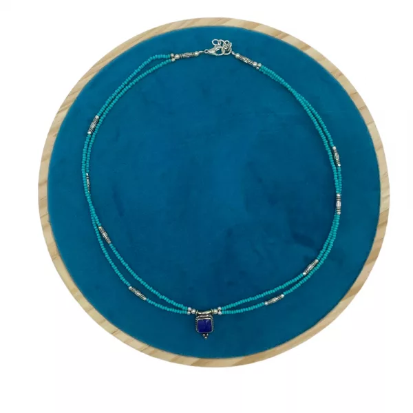 Nepalese Extra Fine Two Line Necklace - Turquoise & Lapis Pendant