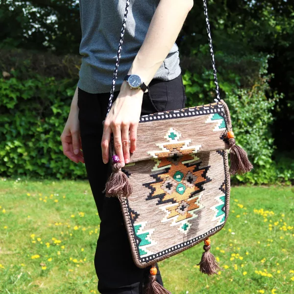 Pale Grey Kilim Messenger Festival Bag - Image 5