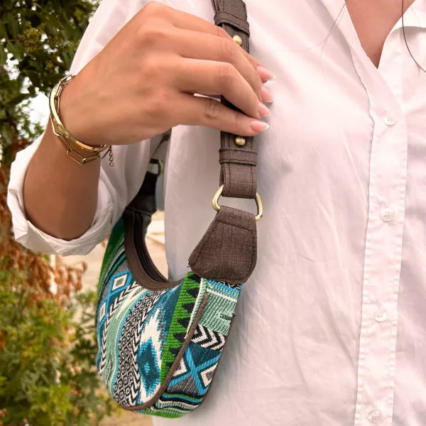 Jacquard Hobo Bag - Bold Greens (brown strap) - Image 4