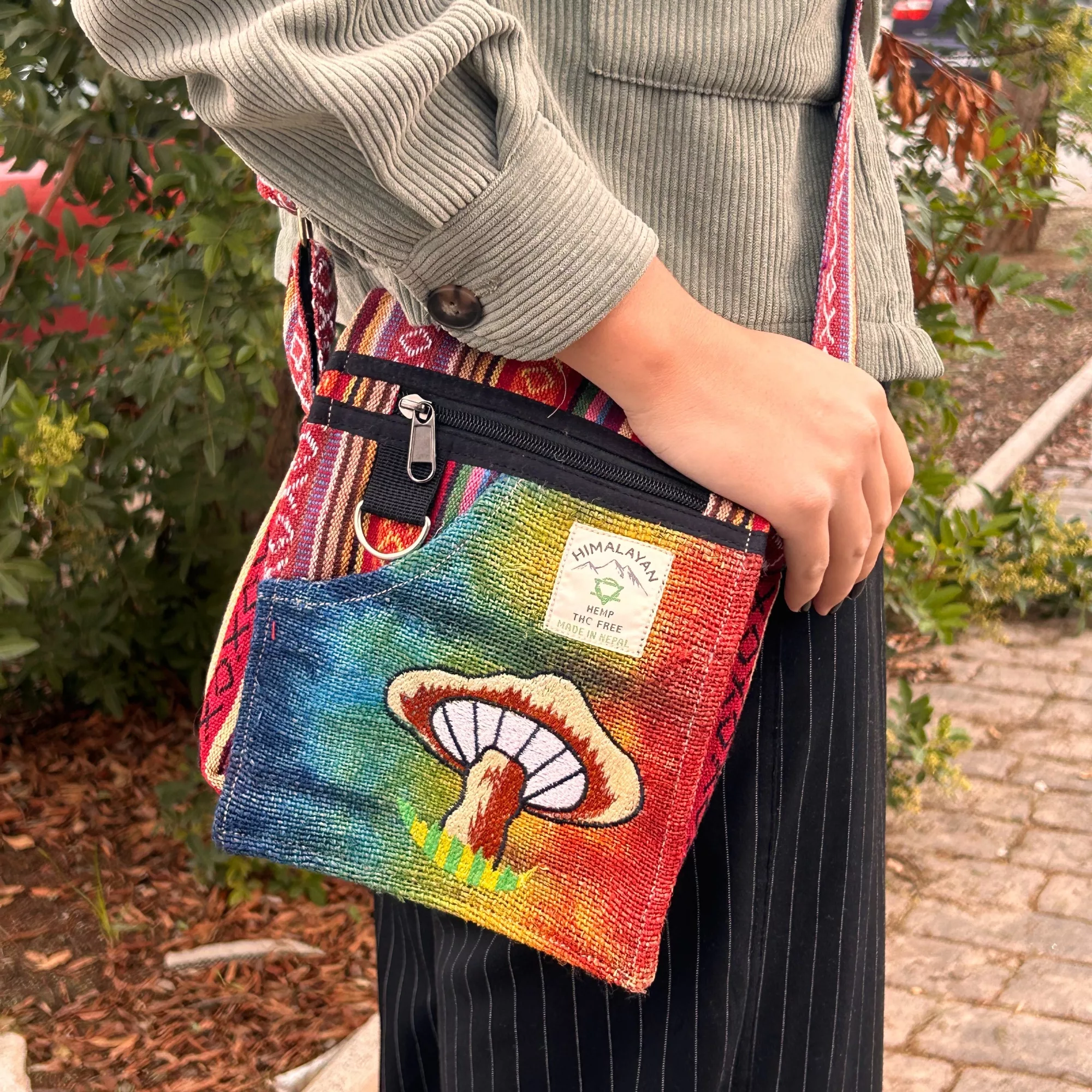 Hemp Embroidery Mushroom Party Bag - Orange Mushrooms - Image 3