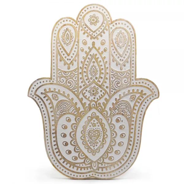 Mango Wood Hamsa Wall Plaque - Whitewash