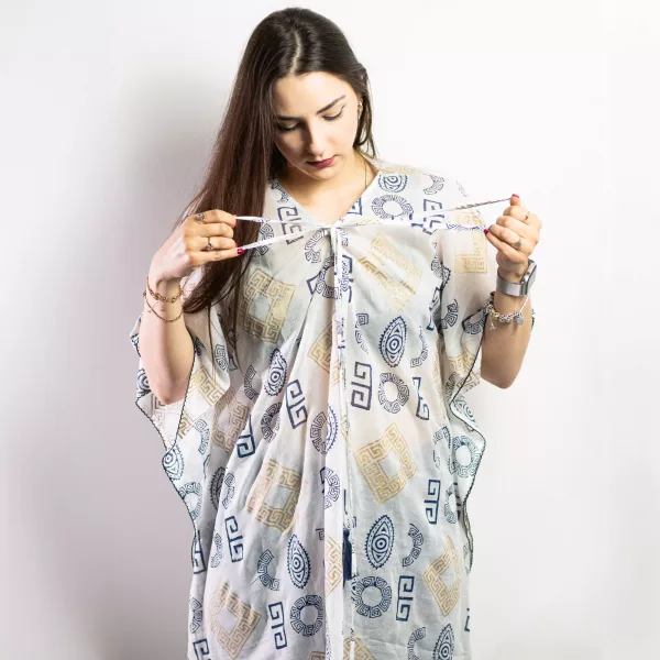 Nomad Sari On the Med Collection - Kaftan - Gold & Blue Greek Motiff - Handpainted - Image 2