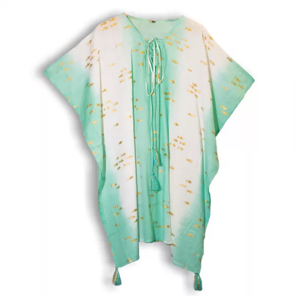 Nomad Sari On the Med Collection - Kaftan - White & Turquoise & Gold Fish Design
