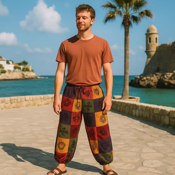 Nomad Sari - Mushroom Pants - Block Print Designs - Orange Tones L/XL - Image 2