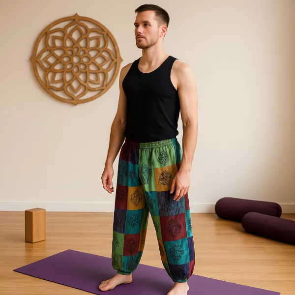 Nomad Sari - Mushroom Pants - Block Print Designs - Green Tones L/XL - Image 2