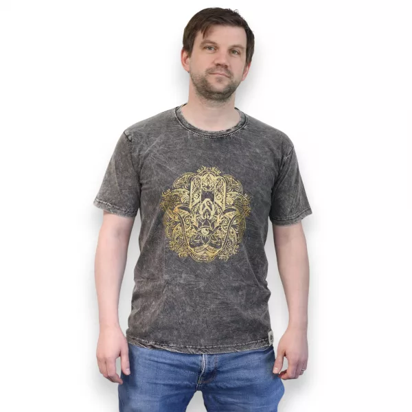 Stone Washed T-Shirt – Hamsa – Dark Grey - Image 2