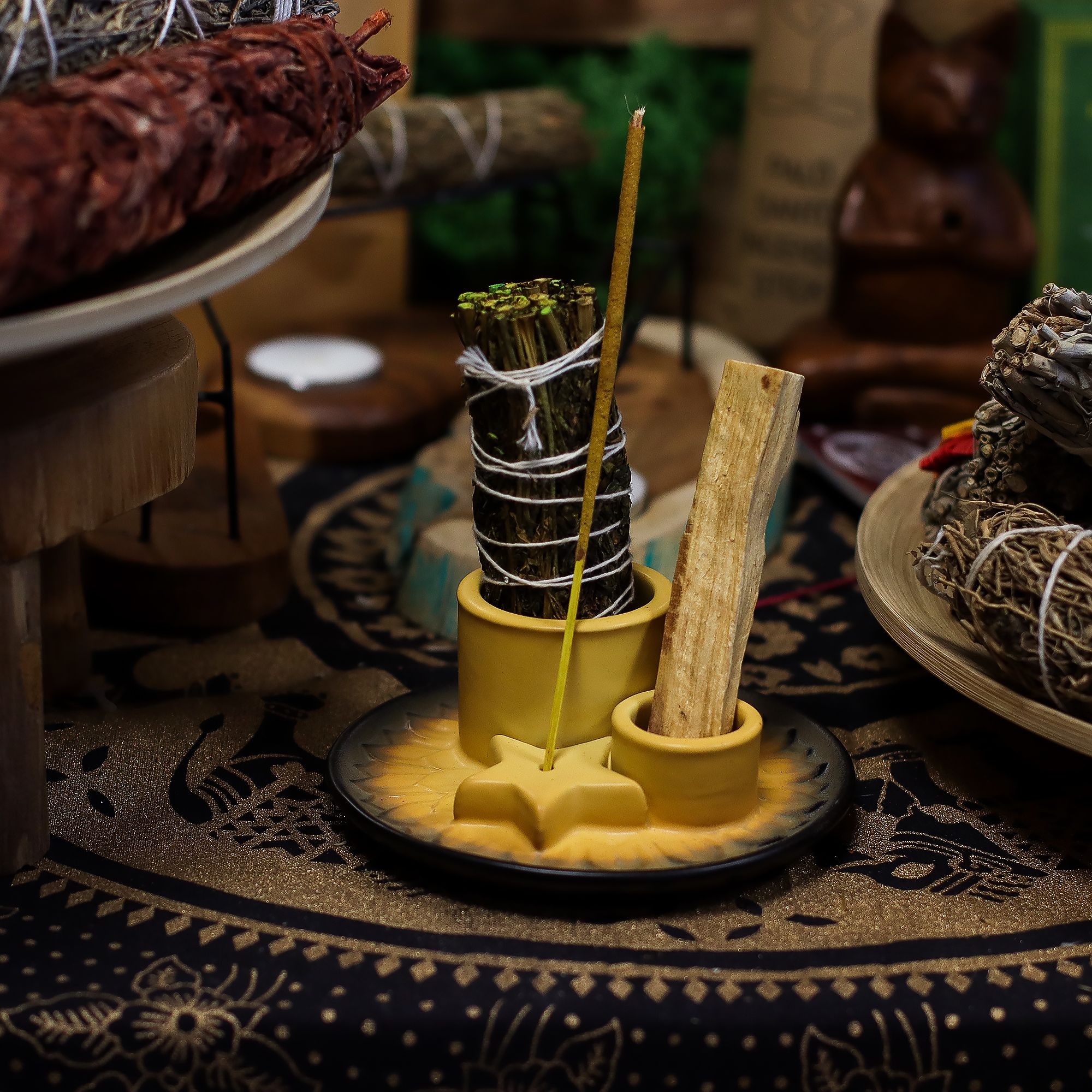 Palo Santo Stick & Smudge Holder - Mandala - Sand & Grey - Image 2