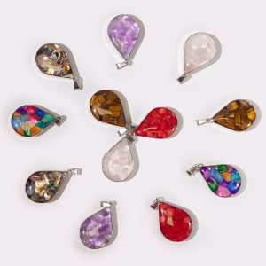 Steel Cased Pendant Teardrops - 12 Assorted Gemstone Chips & Shells