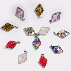 Steel Cased Pendant Diamonds - 12 Assorted Gemstone Chips & Shells