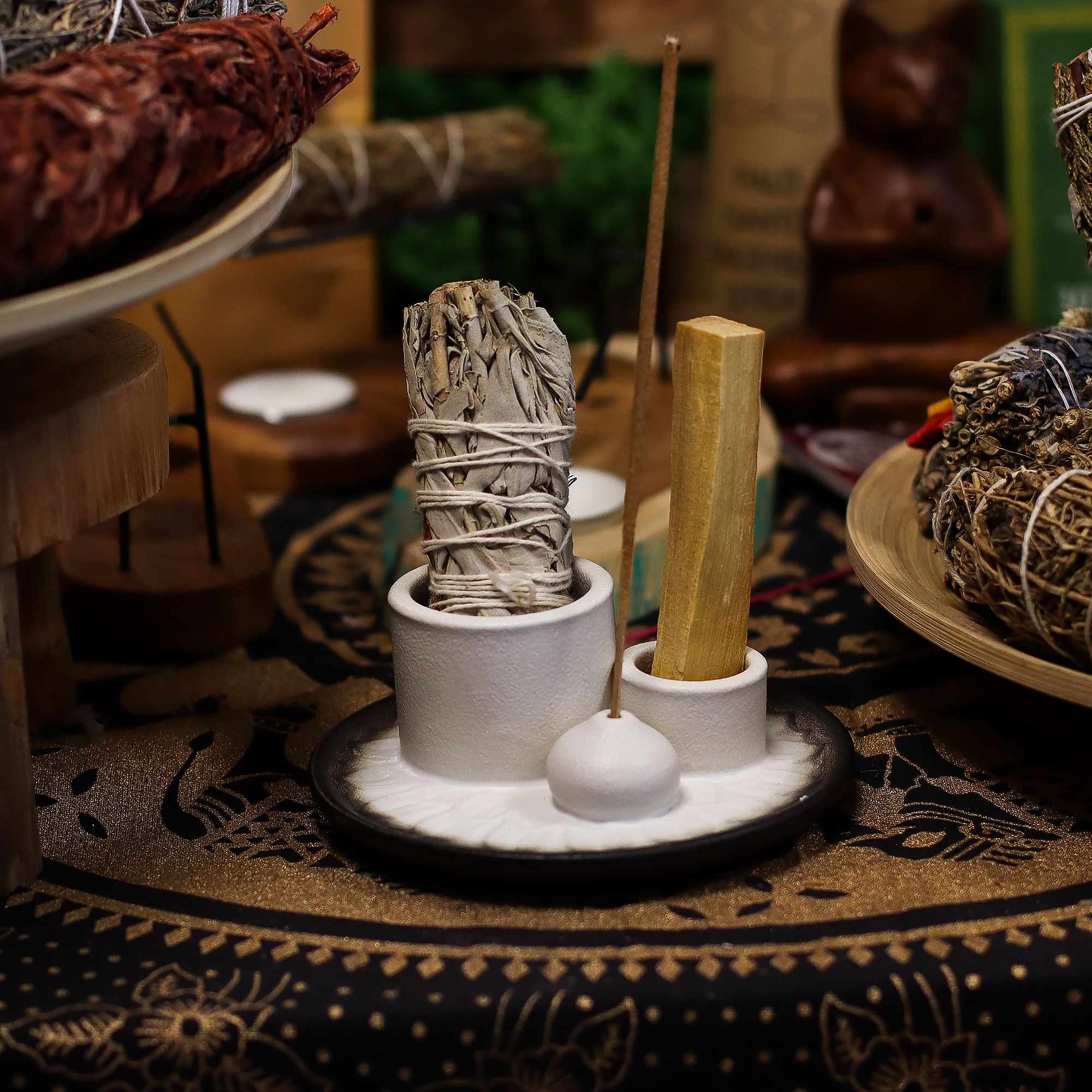 Palo Santo Stick & Smudge Holder - Mandala - White & Grey - Image 2