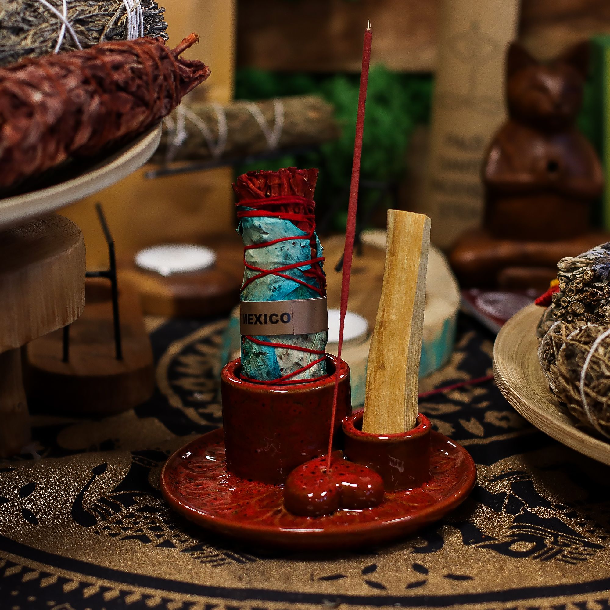 Palo Santo Stick & Smudge Holder - Mandala - Red with Heart Gloss - Image 2