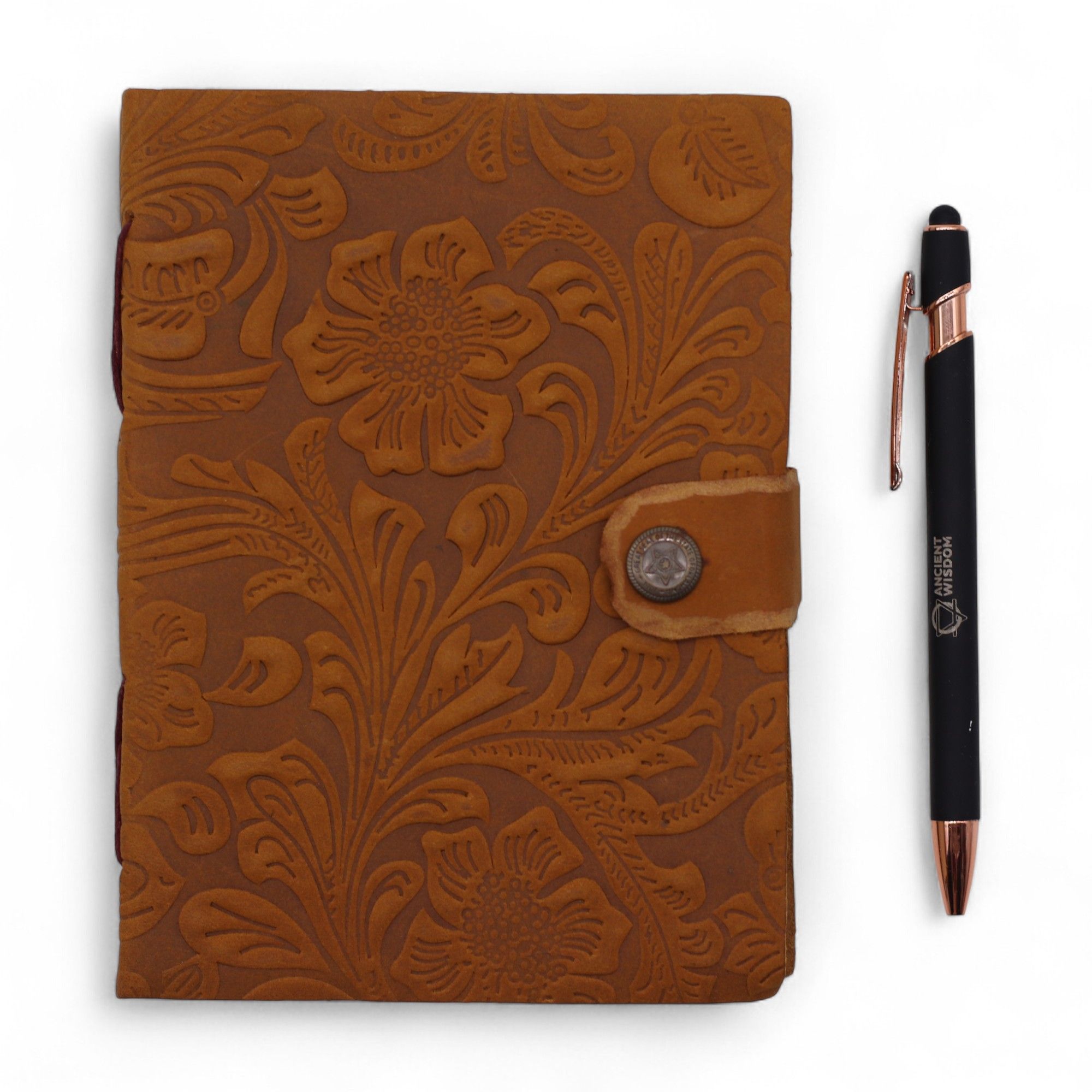Leather Embossed Notebook – Tan Floral Pattern – 17.8×12.7 cm - Image 2
