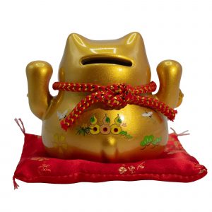 Ceramic Money Cat Bank - Gold on Cushion