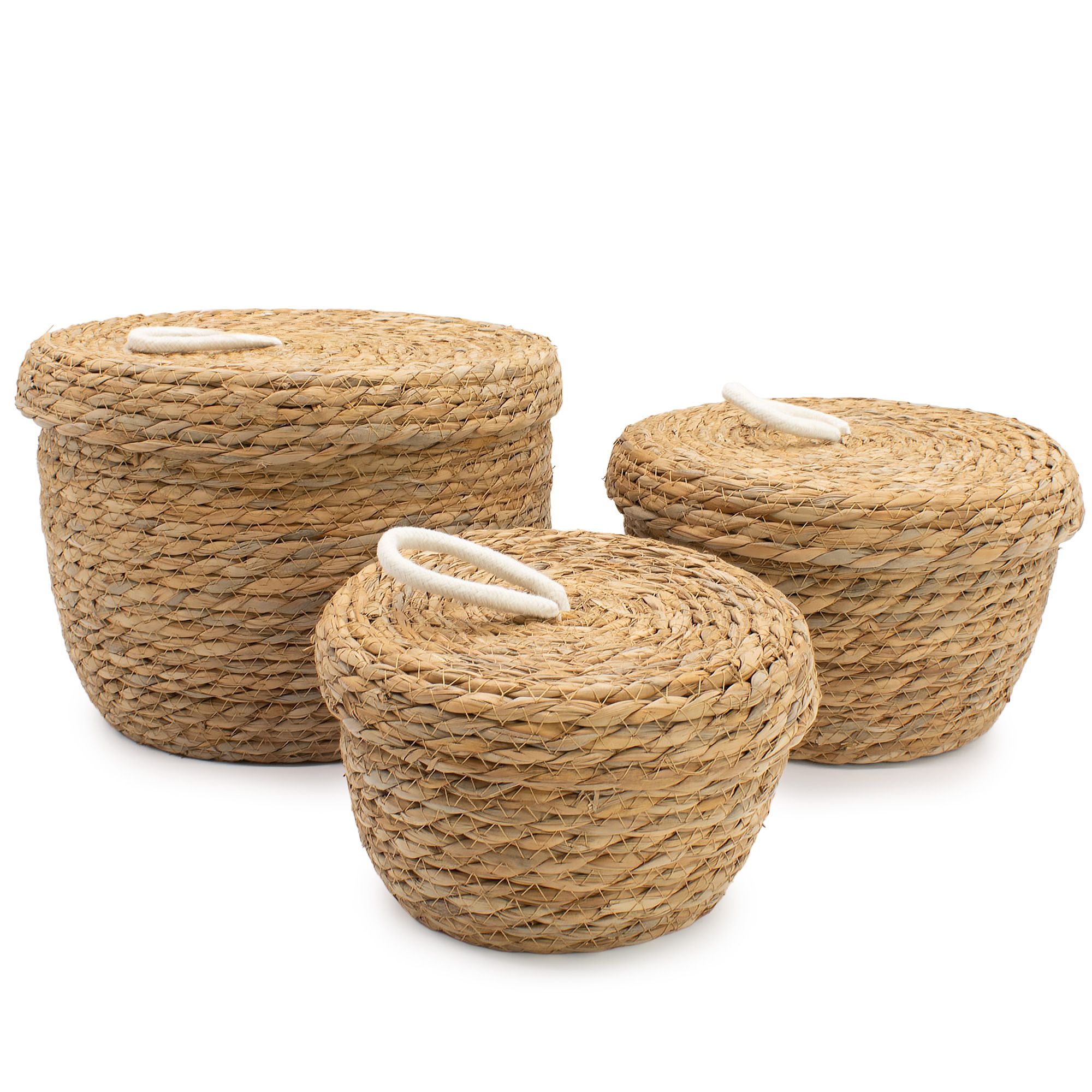 Seagrass & Cotton Round Baskets with Lids - Natural - Set of 3 1 Seagrass & Cotton Round Baskets with Lids - Natural - Set of 3