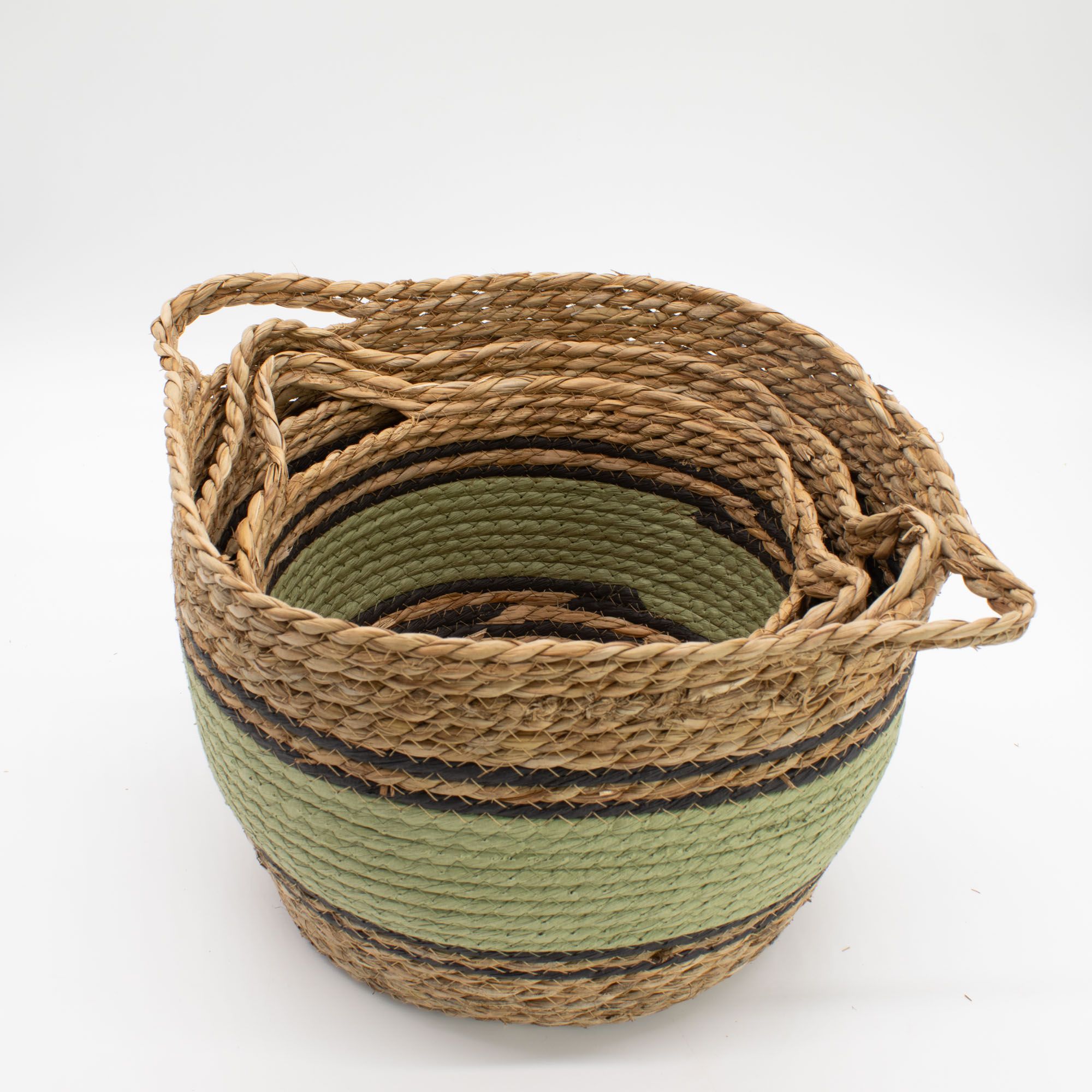 Cotton & Seagrass Large Baskets - Natural Black & Green- Set of 3 1 Cotton & Seagrass Large Baskets - Natural Black & Green- Set of 3