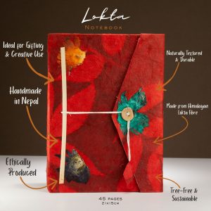 Lokta Bold Floral Notebook – Large (21x15cm) – 45 Leaves – Includes Bookmark – Ruby