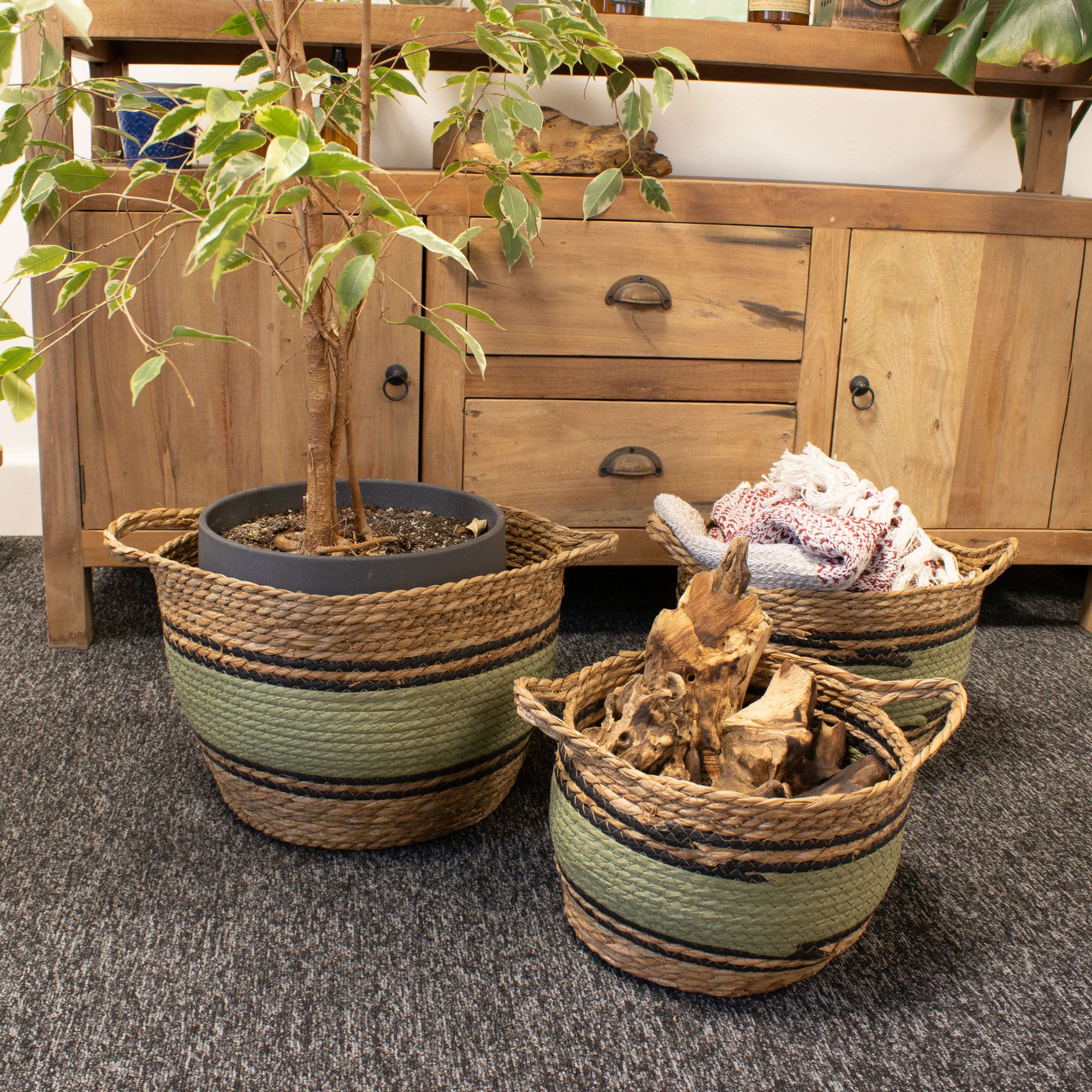 Cotton & Seagrass Large Baskets - Natural Black & Green- Set of 3 6 Cotton & Seagrass Large Baskets - Natural Black & Green- Set of 3 - Image 6