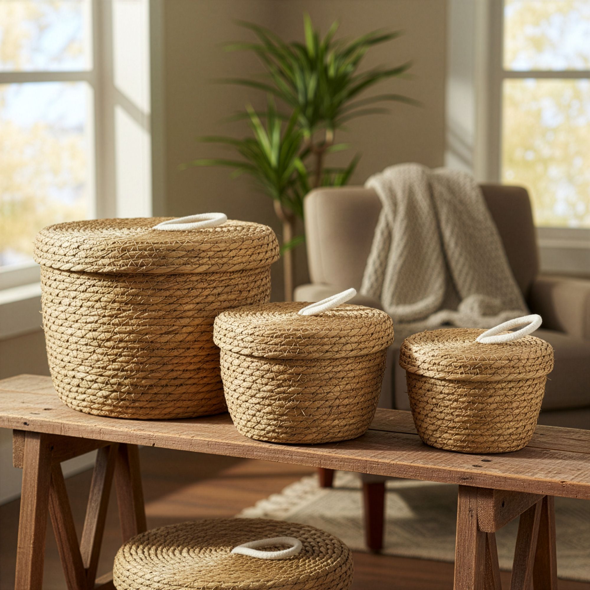 Seagrass & Cotton Round Baskets with Lids - Natural - Set of 3 8 Seagrass & Cotton Round Baskets with Lids - Natural - Set of 3 - Image 8