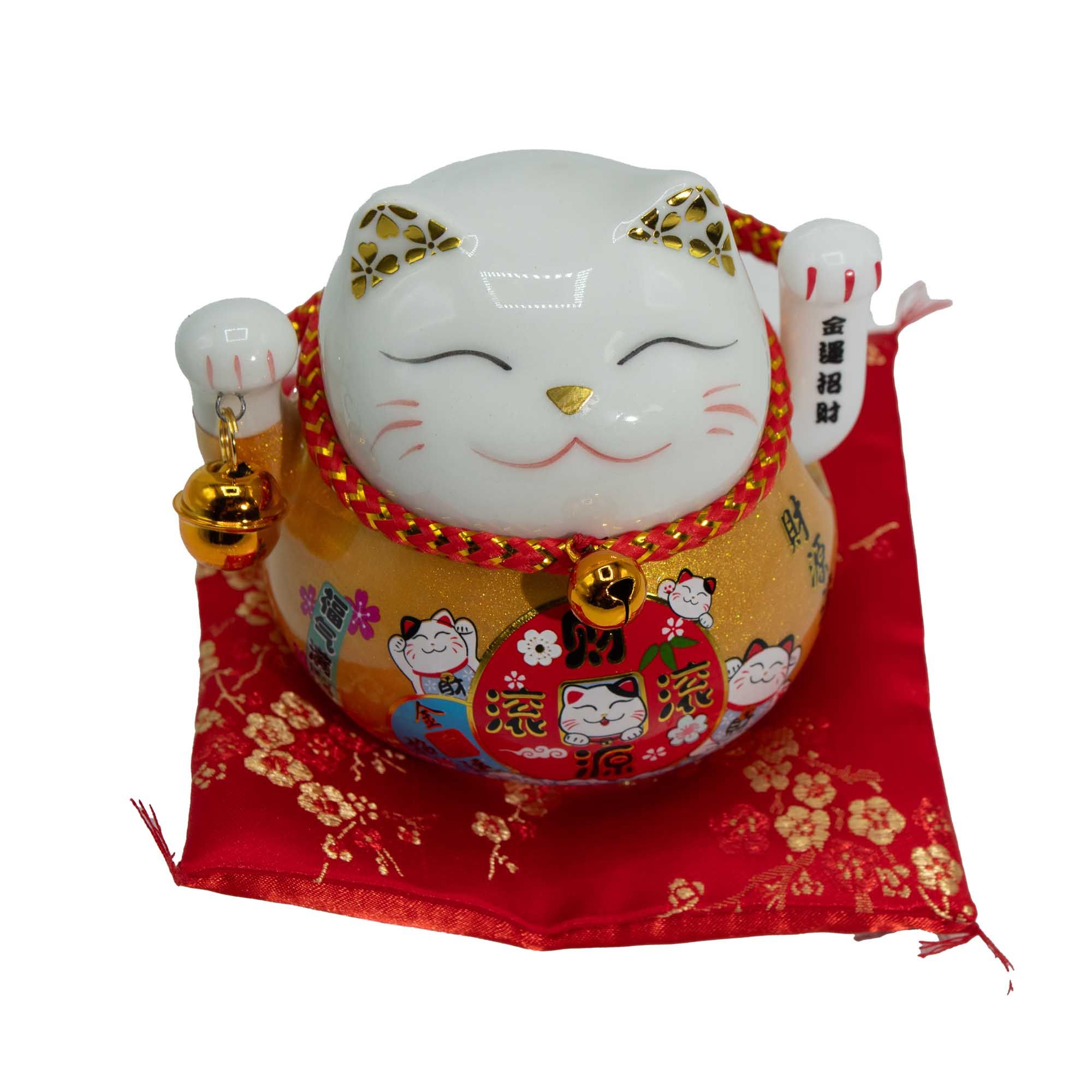 Ceramic Money Cat Moving Hand - Gold on Cushion 1 Ceramic Money Cat Moving Hand - Gold on Cushion