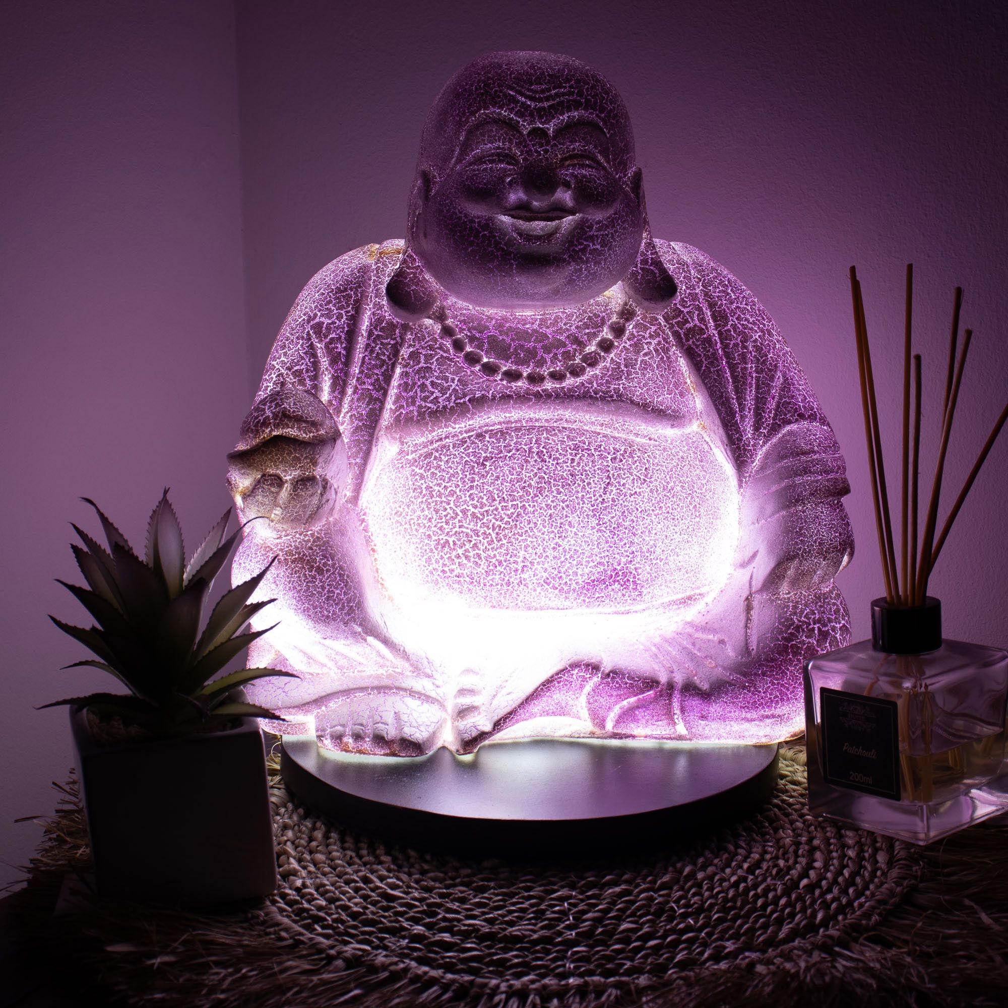 Laughing Buddha Lamp Lavender Crackle - Round Stand 3 Laughing Buddha Lamp Lavender Crackle - Round Stand - Image 3