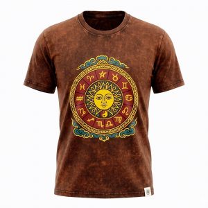 Nomad Sari Stonewashed Cotton T-Shirt - Sun & Zodiac - Brown - Large