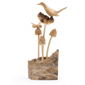 Handmade Parasite Wood Art Carving - Bird & Bee on Mushrooms