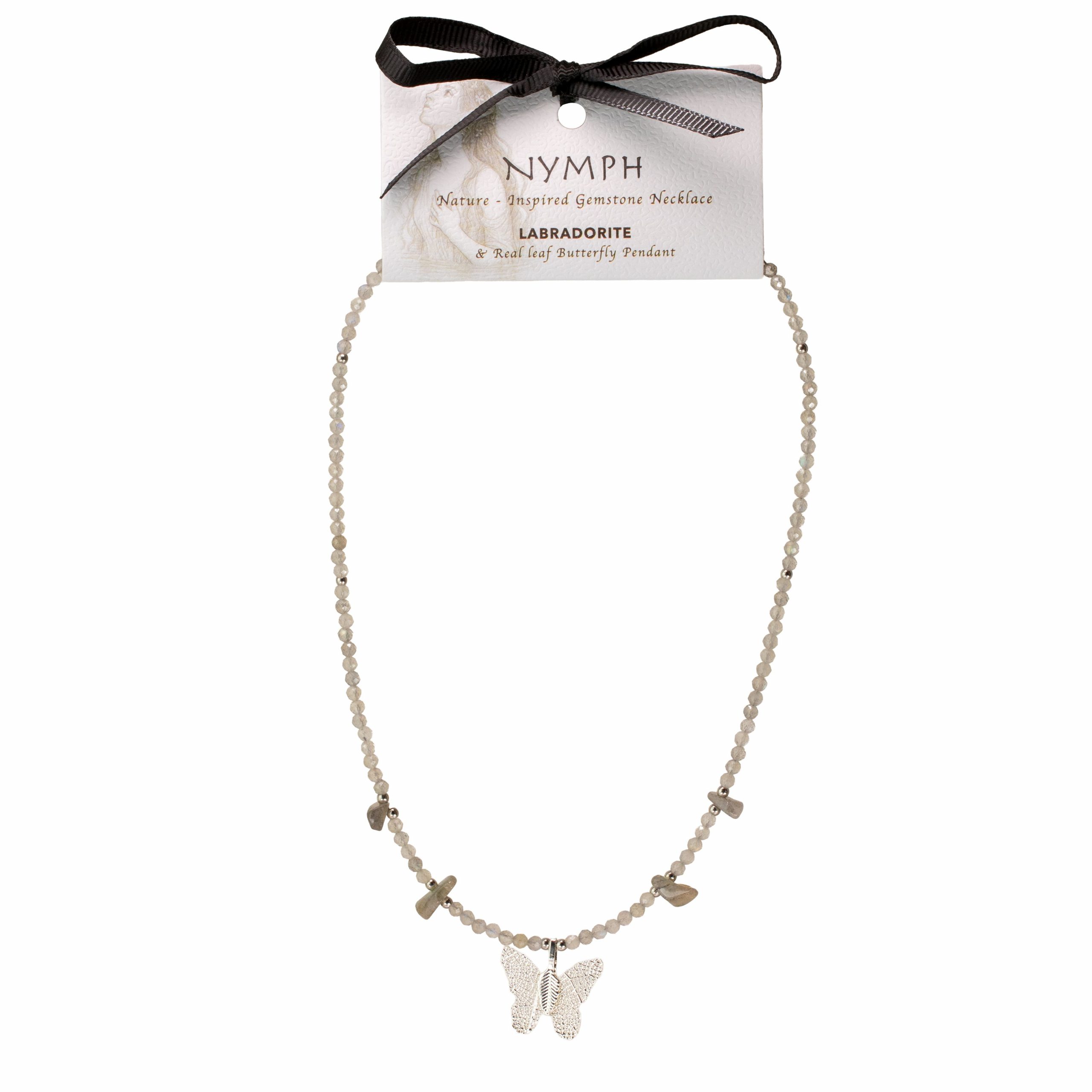 Nymph Labradorite Gemstone Necklace with Real Leaf Butterfly Pendant