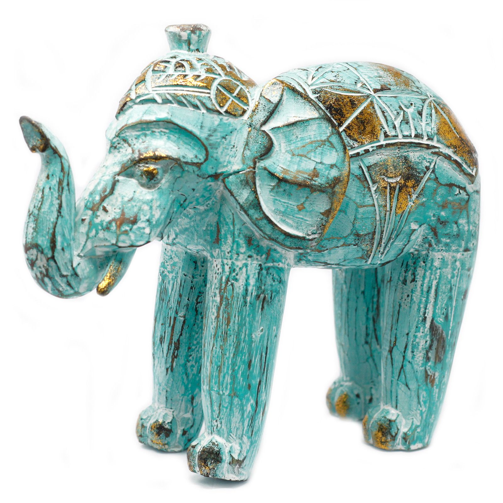 Wood Carved Elephant - Turquoise Gold - Image 2
