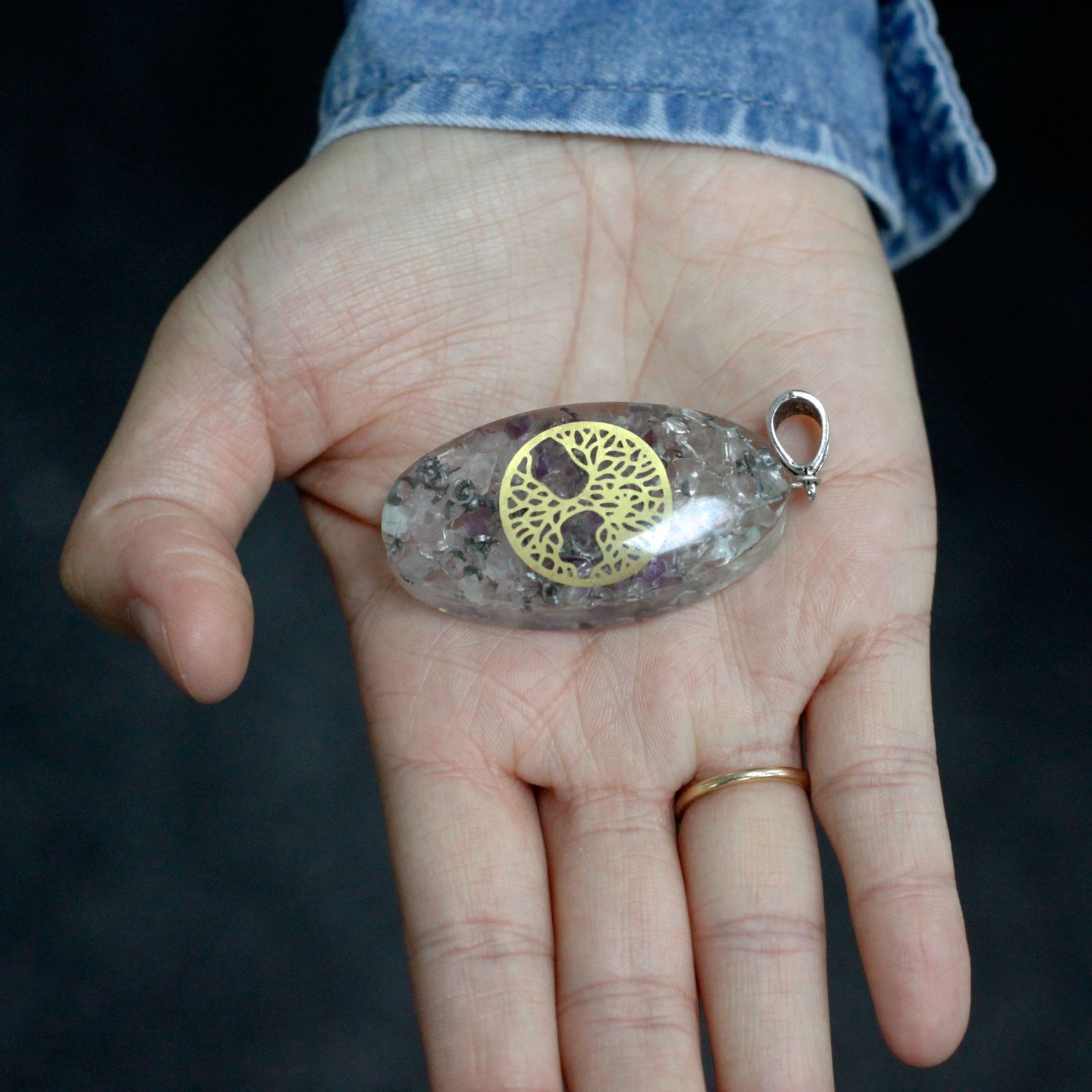 Orgonite Power Pendant - 7 Stone Chakra Oval with Tree - Image 3