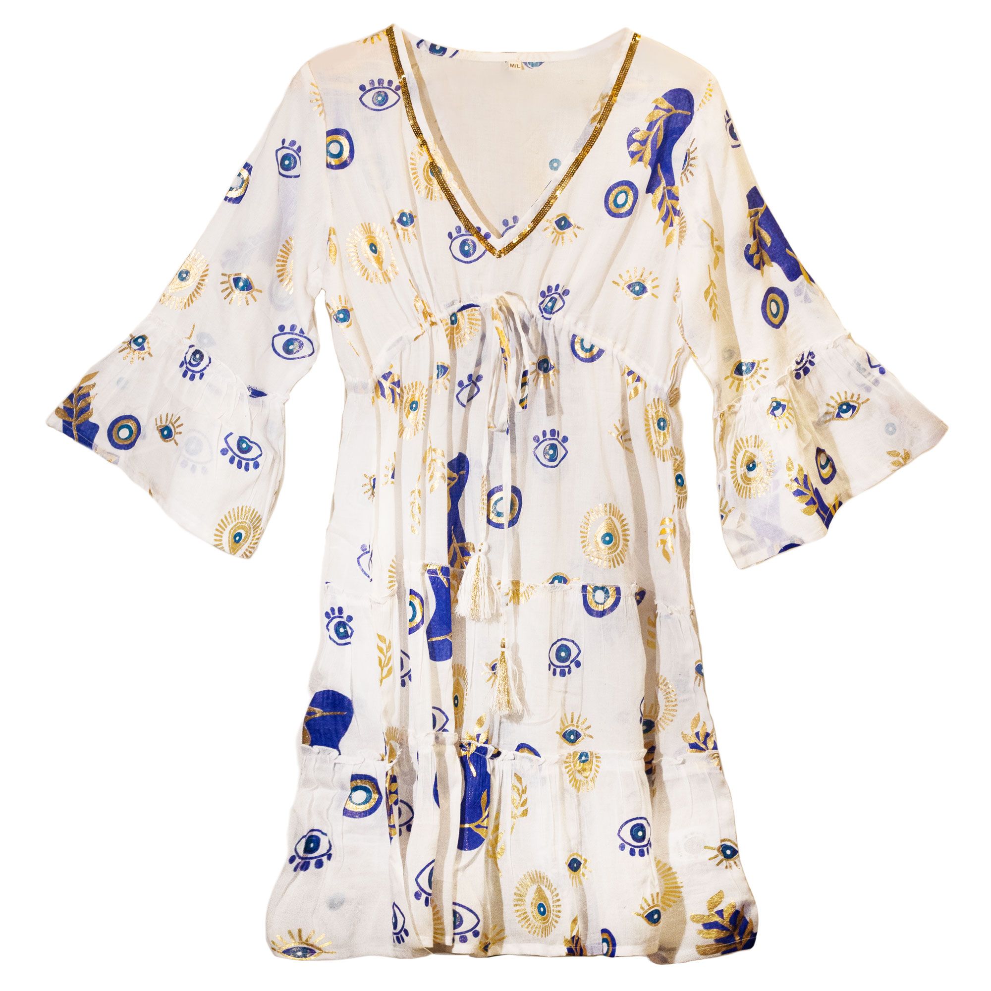 Nomad Sari Evil Eye Dress – White, Blue & Gold – Size L/XL
