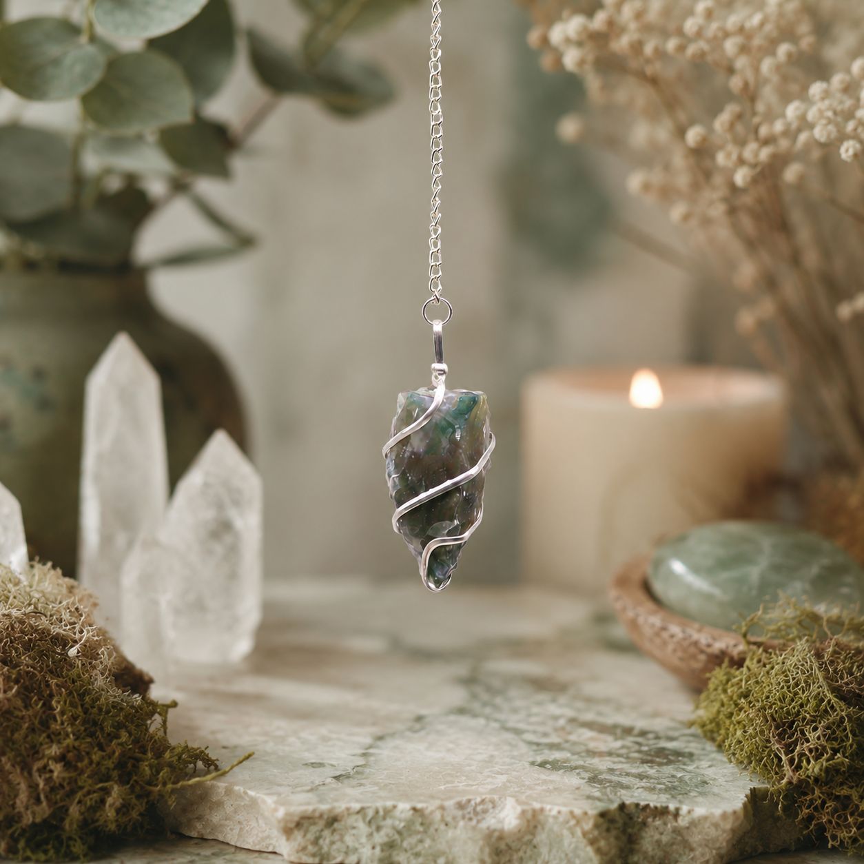 Raw Gemstone Pendulum - Moss Agate - Image 4