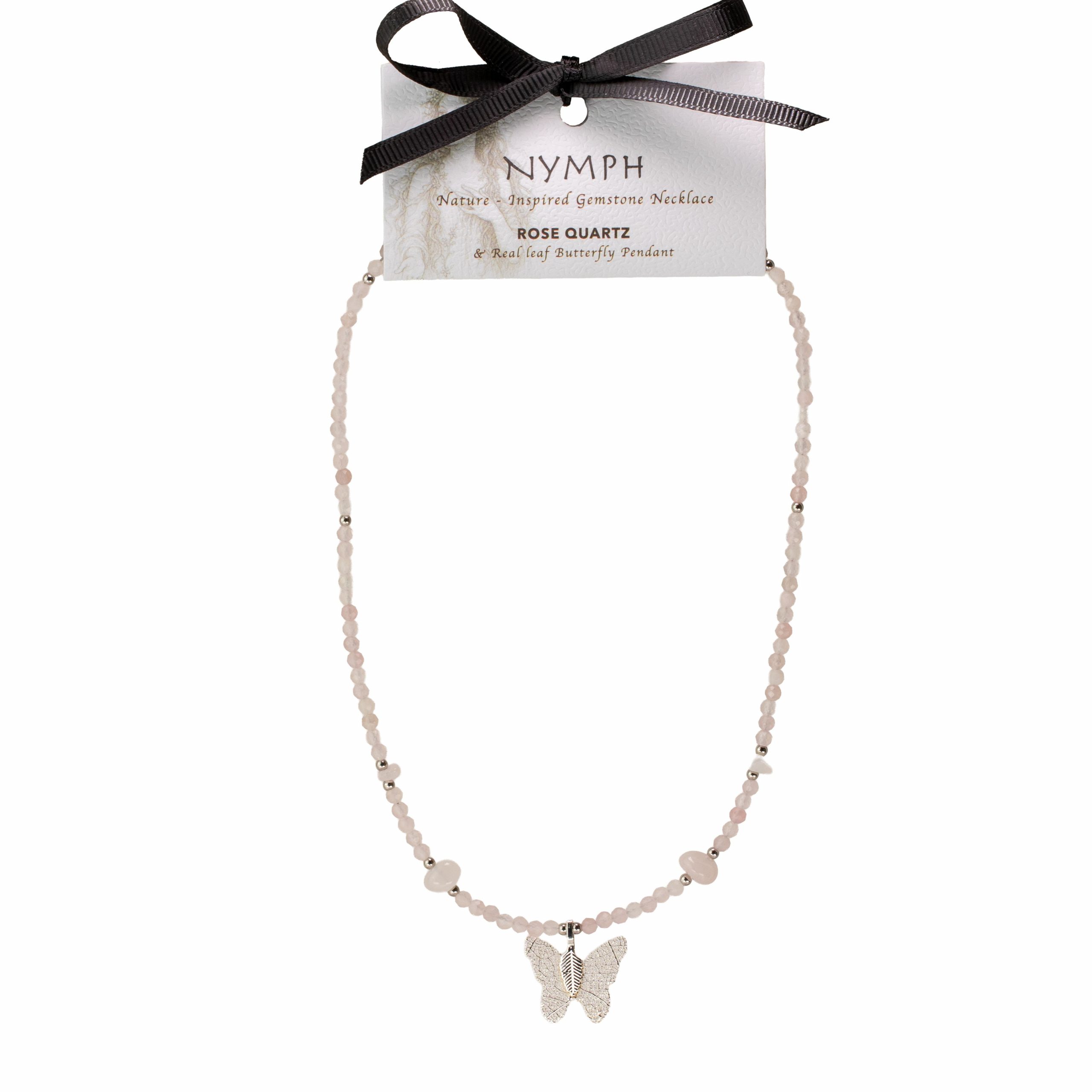 Nymph Rose Quartz Gemstone Necklace with Real Leaf Butterfly Pendant - Image 4