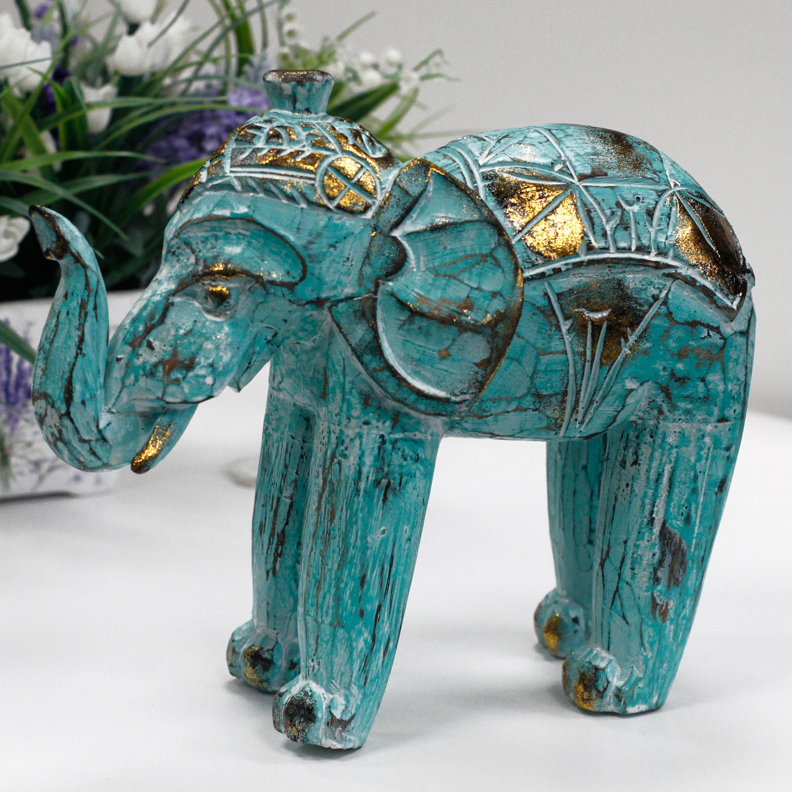 Wood Carved Elephant - Turquoise Gold - Image 3