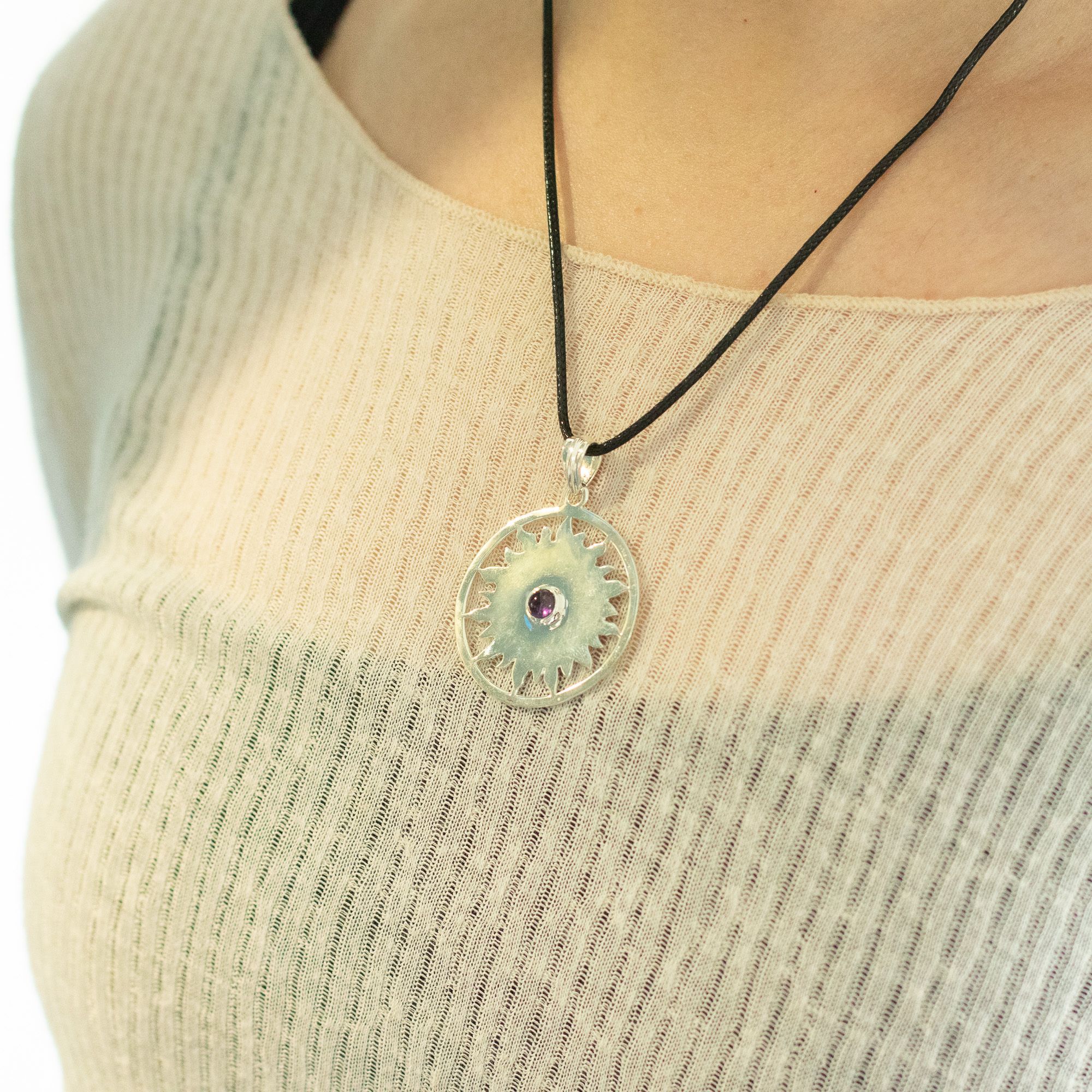 Indian Devotional Pendant - Silver Plated (45cm Cord)- Sun Worship Amethyst - Image 3