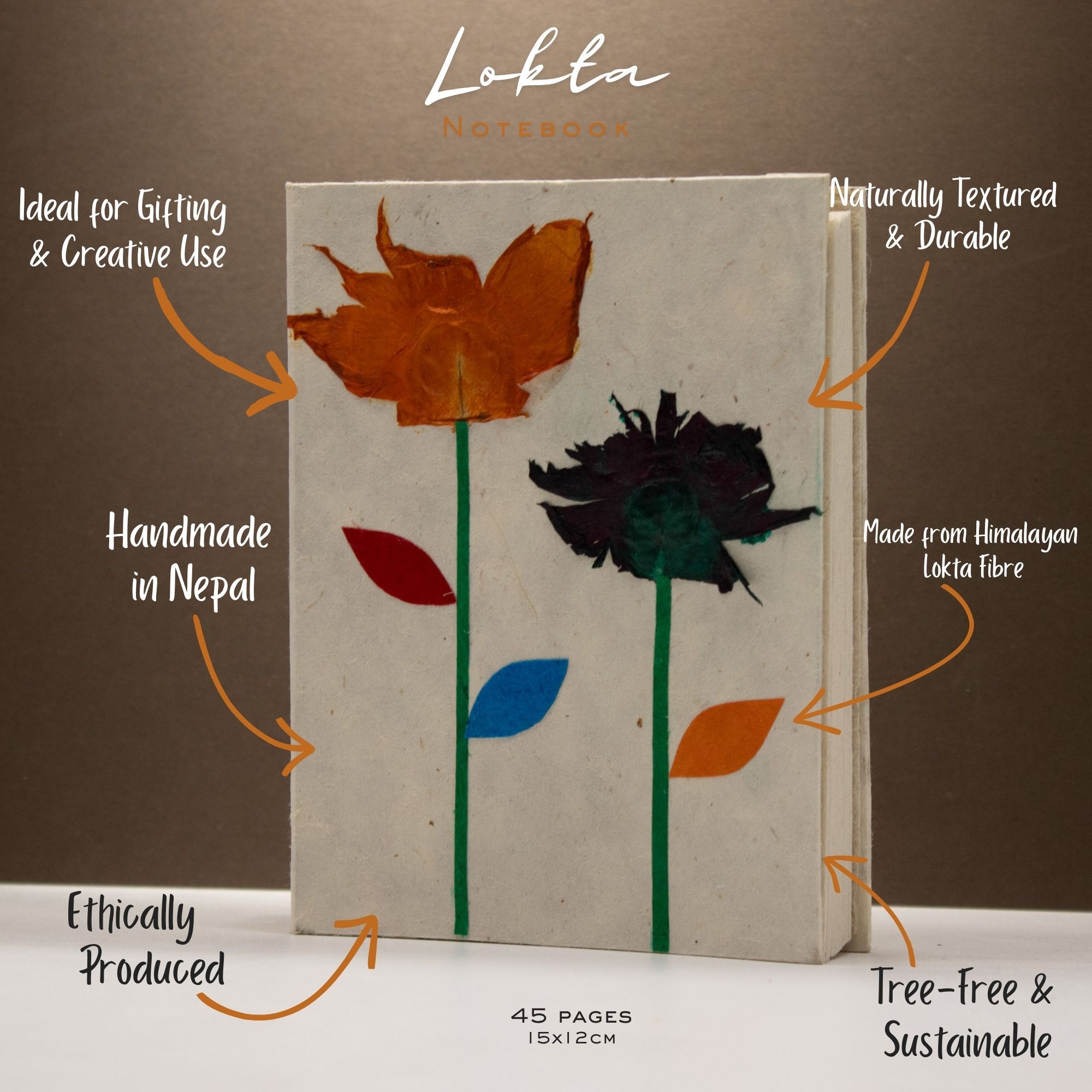 Med Lokta Notebook (15x12cm) - 45 leafs - Crafted Real Himalayan Floral Design - Image 2